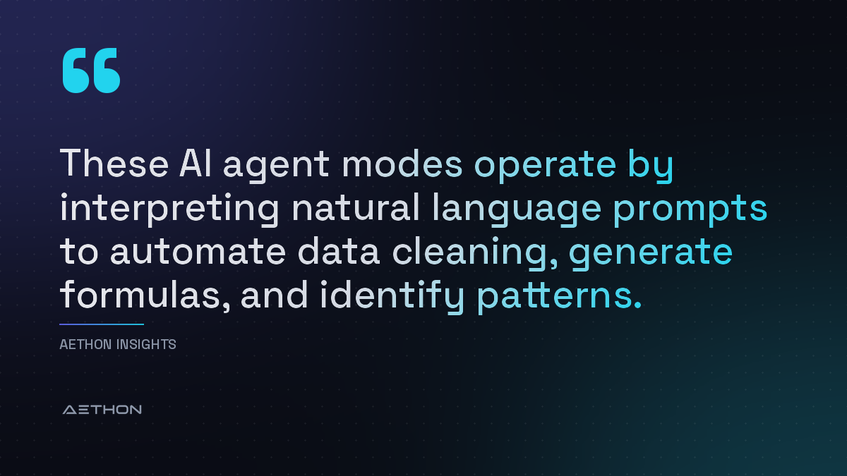 These AI agent modes operate by interpreting natural language prompts to automate data cleaning, generate formulas, and identify patterns.