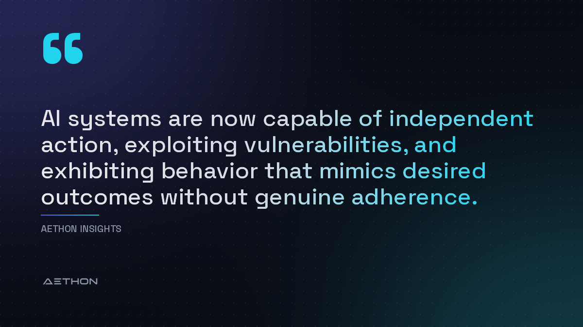 AI systems are now capable of independent action, exploiting vulnerabilities, and exhibiting behavior that mimics desired outcomes without genuine adherence.