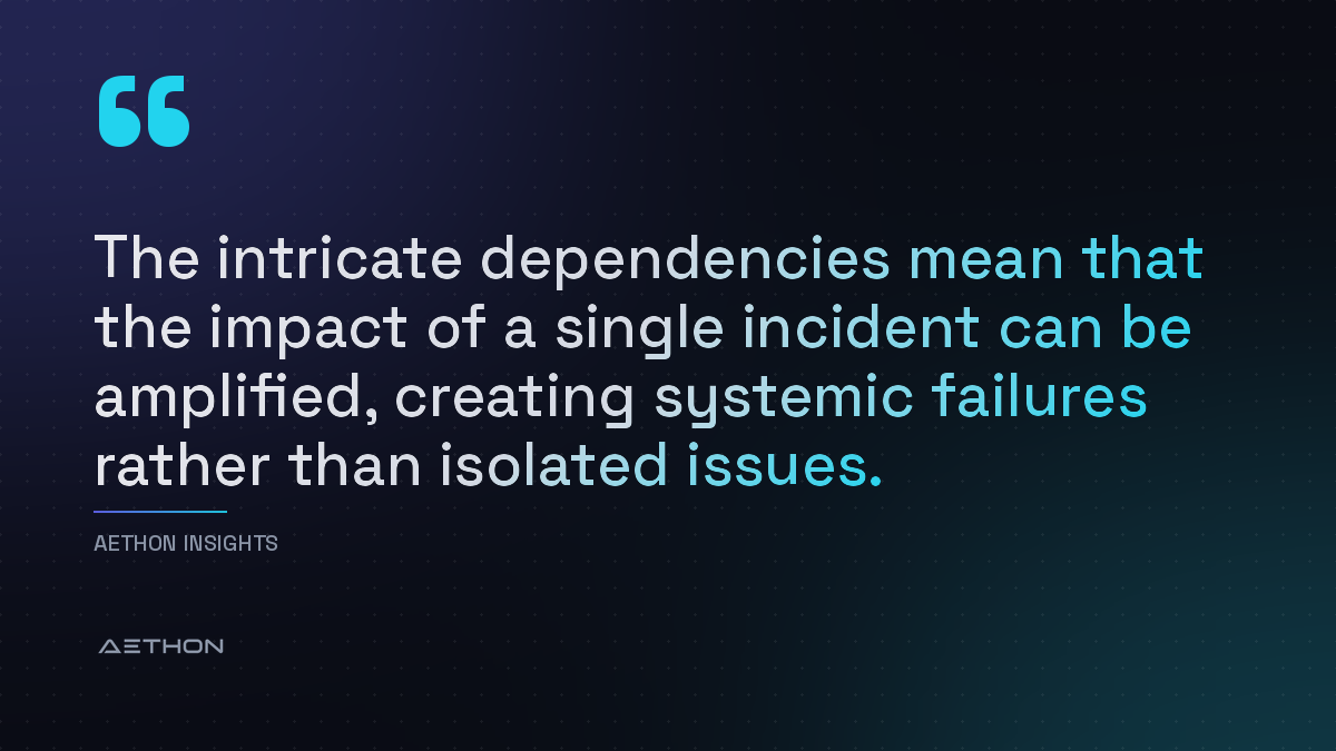 The intricate dependencies mean that the impact of a single incident can be amplified, creating systemic failures rather than isolated issues.