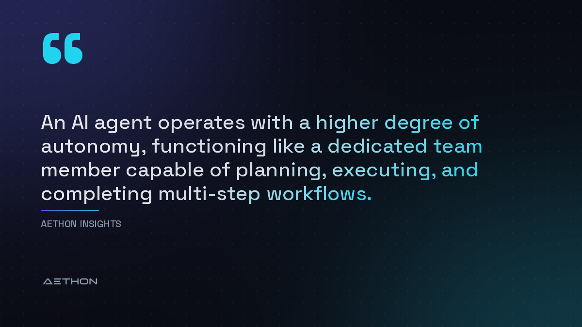 An AI agent operates with a higher degree of autonomy, functioning like a dedicated team member capable of planning, executing, and completing multi-step workflows.