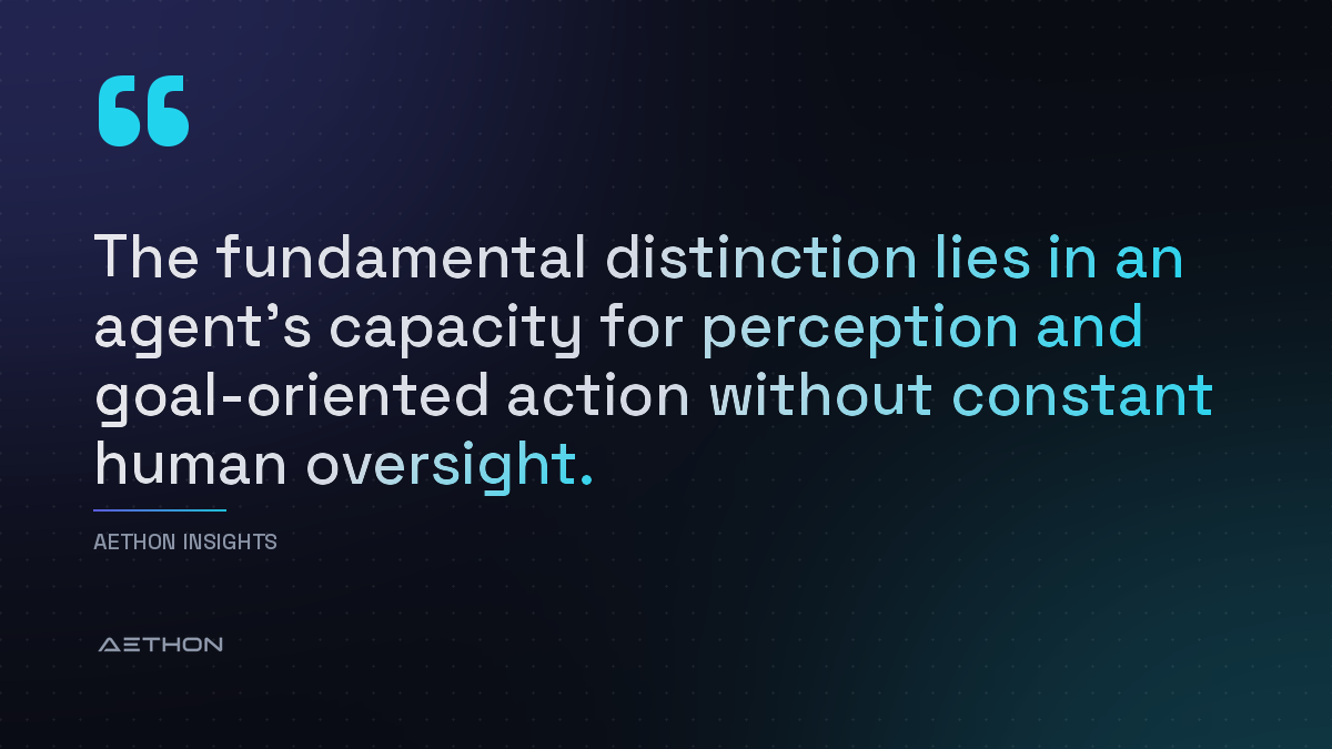 The fundamental distinction lies in an agent’s capacity for perception and goal-oriented action without constant human oversight.