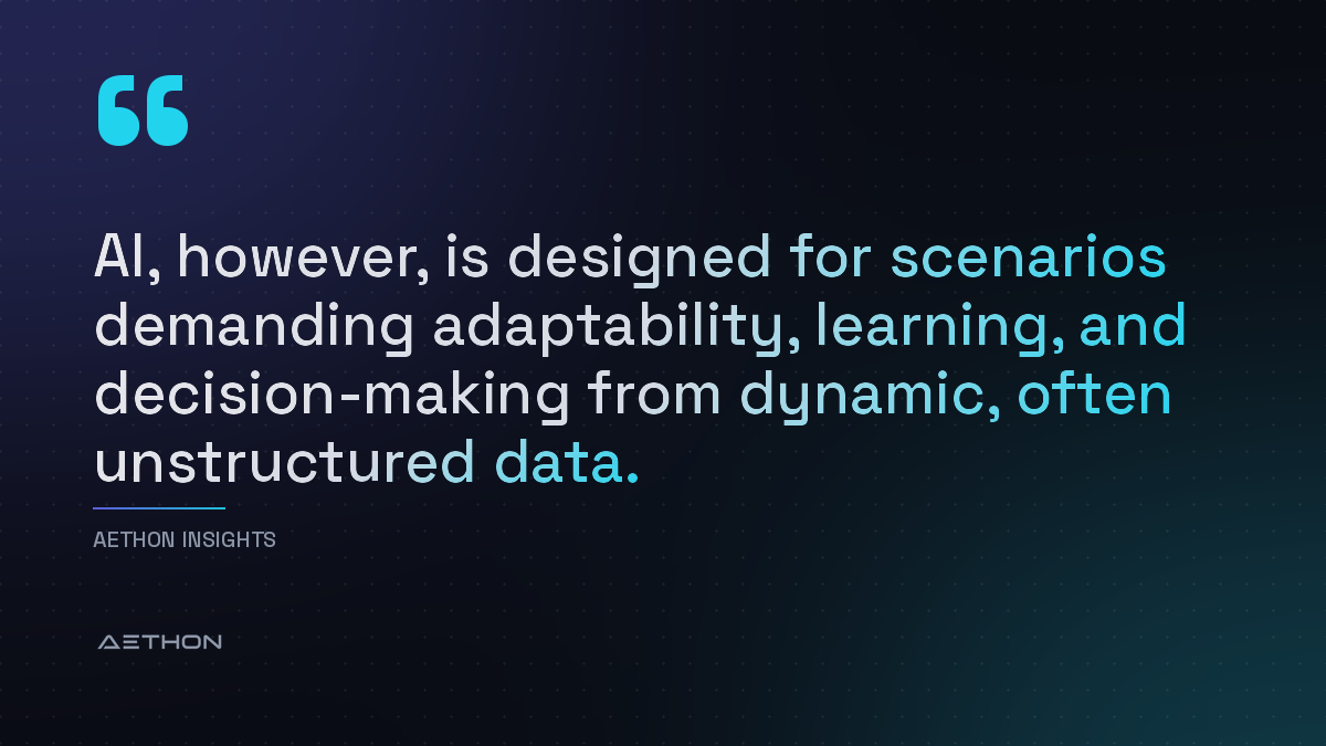 AI, however, is designed for scenarios demanding adaptability, learning, and decision-making from dynamic, often unstructured data.