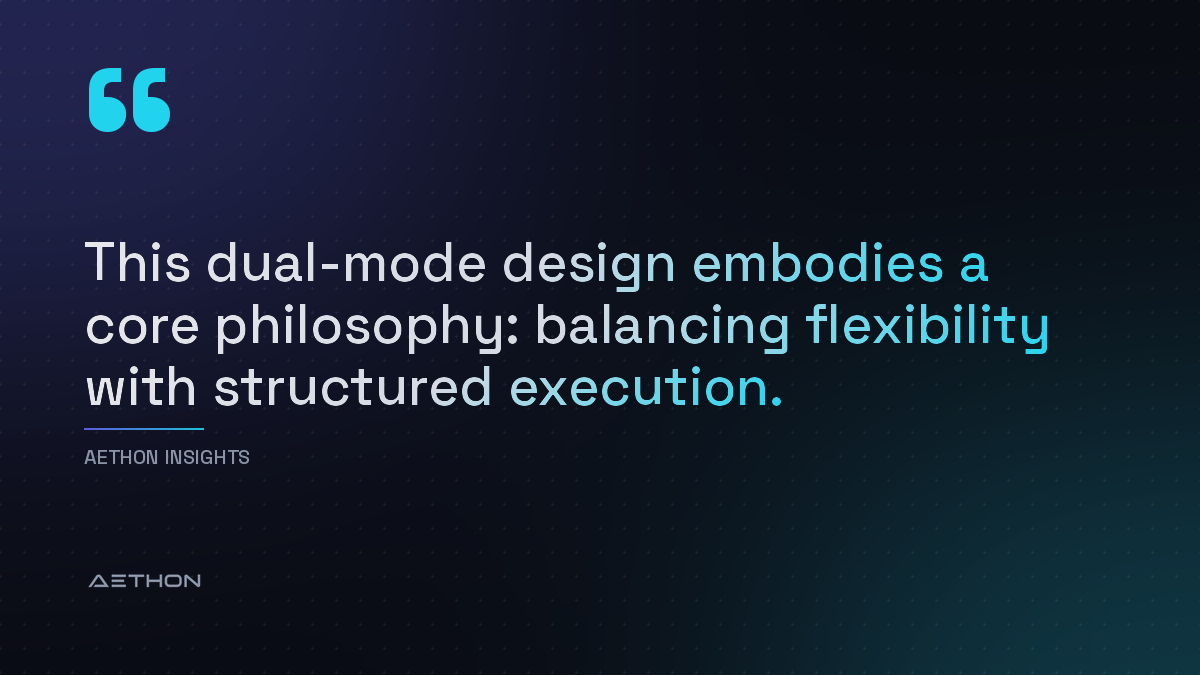 This dual-mode design embodies a core philosophy: balancing flexibility with structured execution.