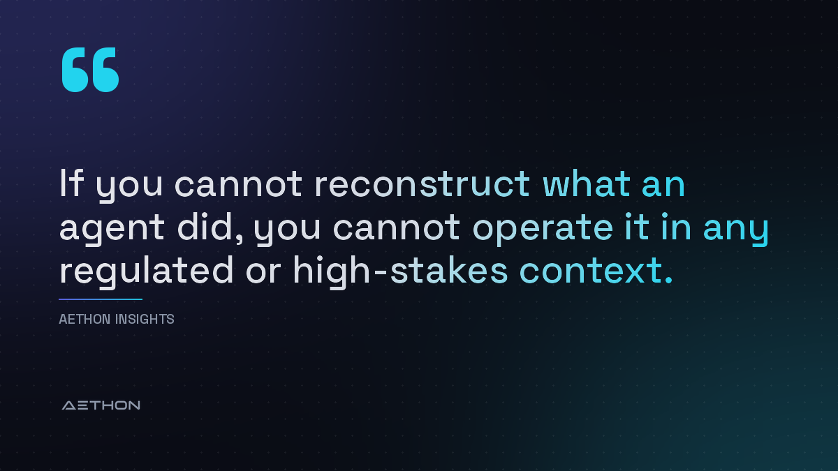 If you cannot reconstruct what an agent did, you cannot operate it in any regulated or high-stakes context.
