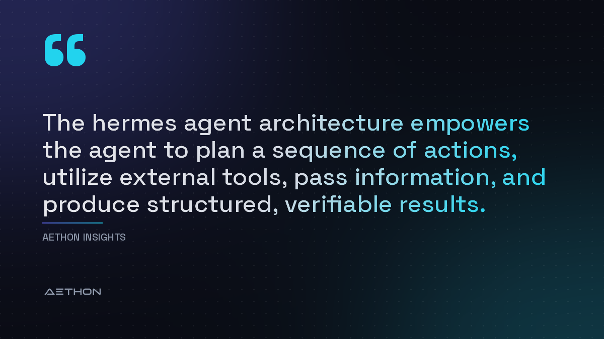 The hermes agent architecture empowers the agent to plan a sequence of actions, utilize external tools, pass information, and produce structured, verifiable results.
