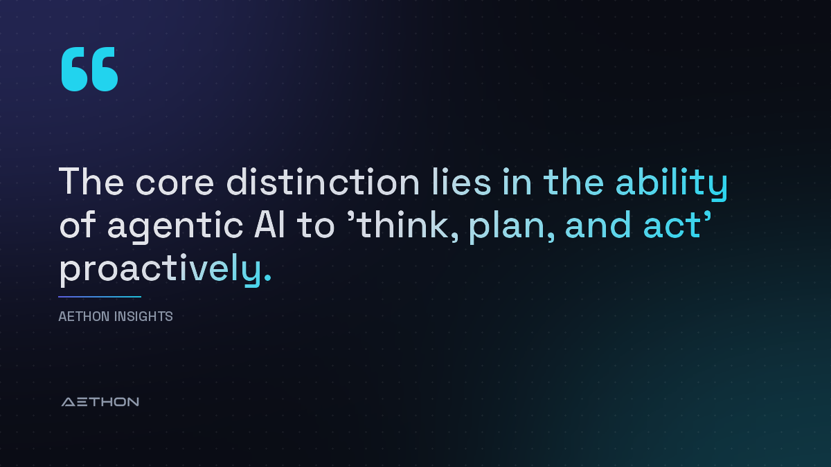 The core distinction lies in the ability of agentic AI to &rsquo;think, plan, and act&rsquo; proactively.