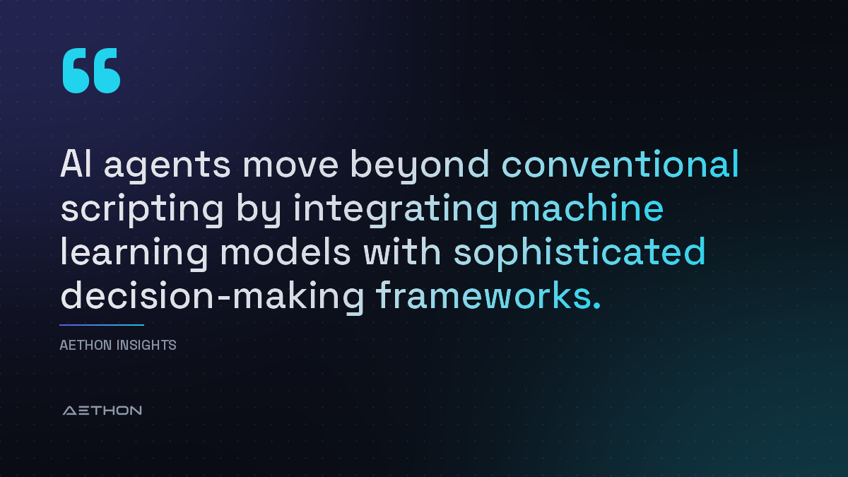 AI agents move beyond conventional scripting by integrating machine learning models with sophisticated decision-making frameworks.