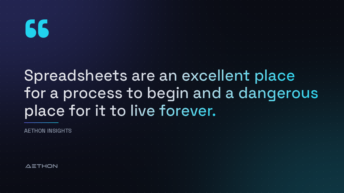 Spreadsheets are an excellent place for a process to begin and a dangerous place for it to live forever.