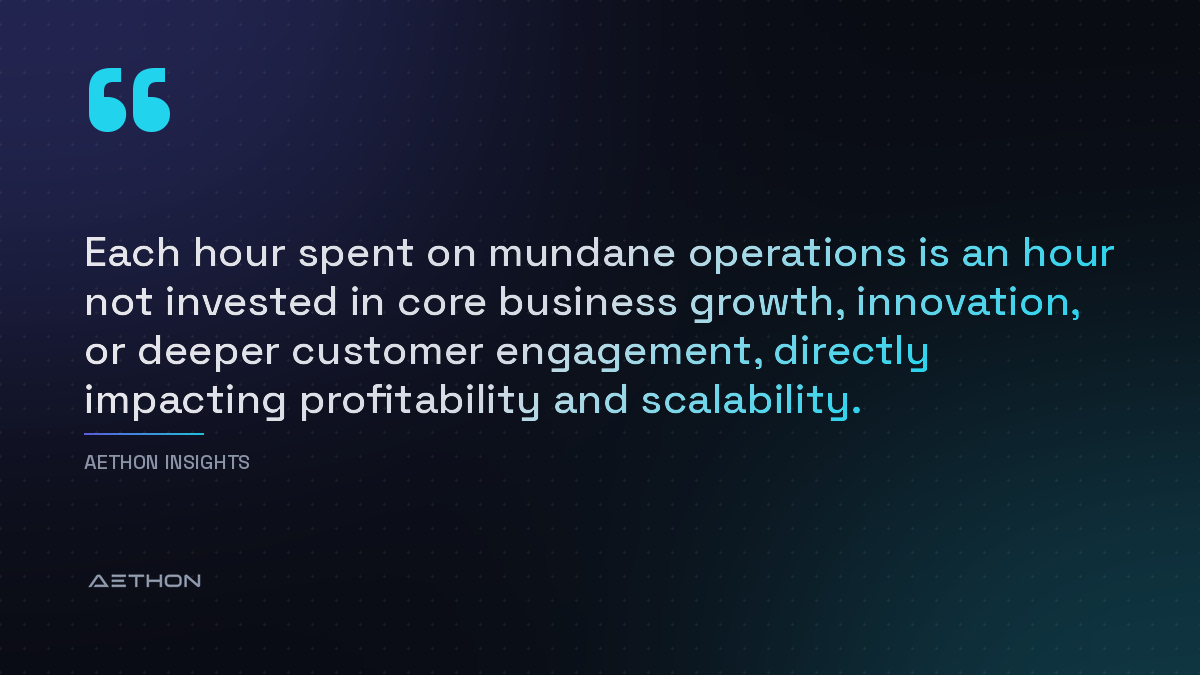 Each hour spent on mundane operations is an hour not invested in core business growth, innovation, or deeper customer engagement, directly impacting profitability and scalability.