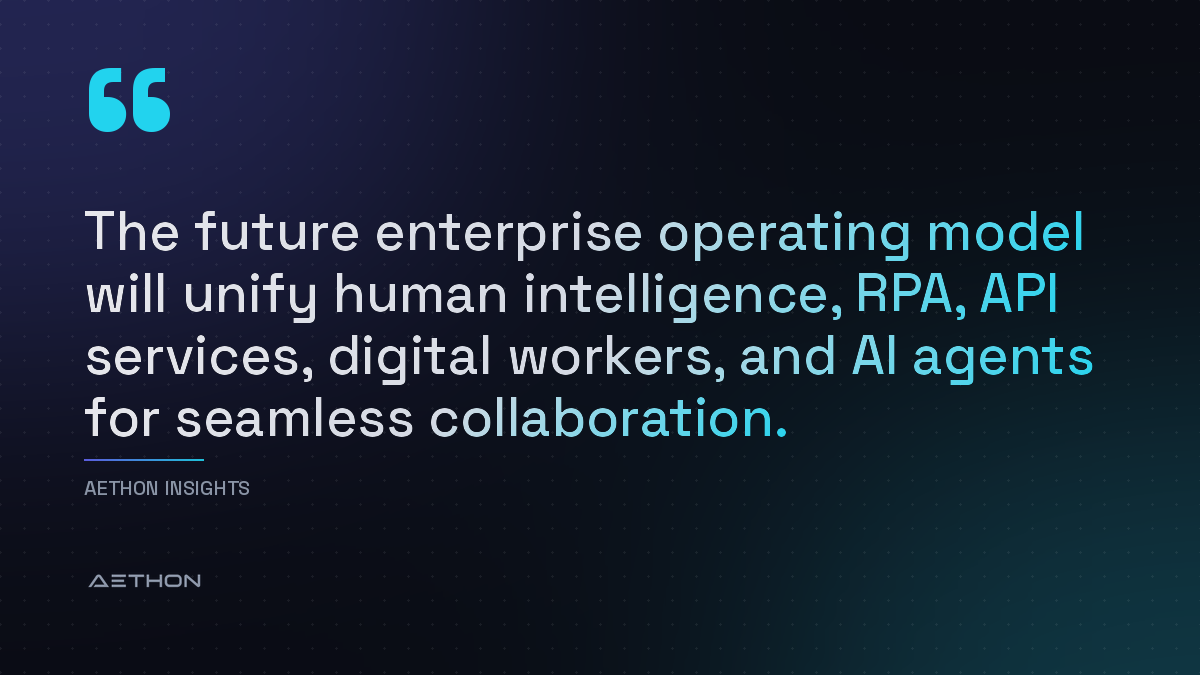 The future enterprise operating model will unify human intelligence, RPA, API services, digital workers, and AI agents for seamless collaboration.